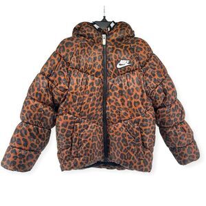 Nike Girl’s Leopard Printed Chevron Taped Full Zip Hooded Puffer Coat Size 4-5
